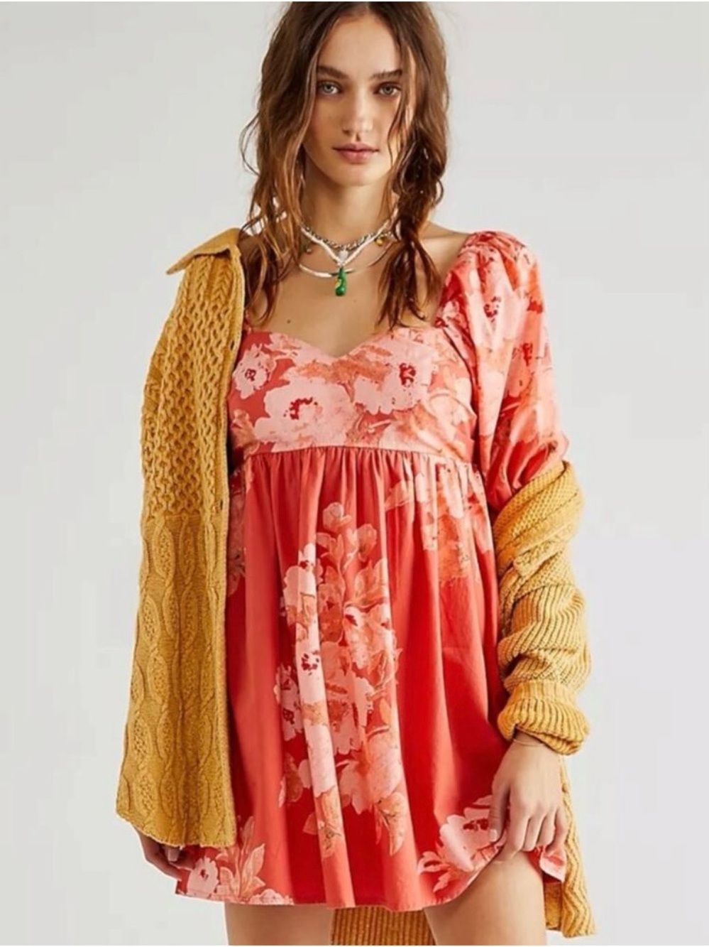 Free People x Revolve Peony Femme Combo Babydoll Mini Dress Floral Puff Sleeve - Picture 4 of 15